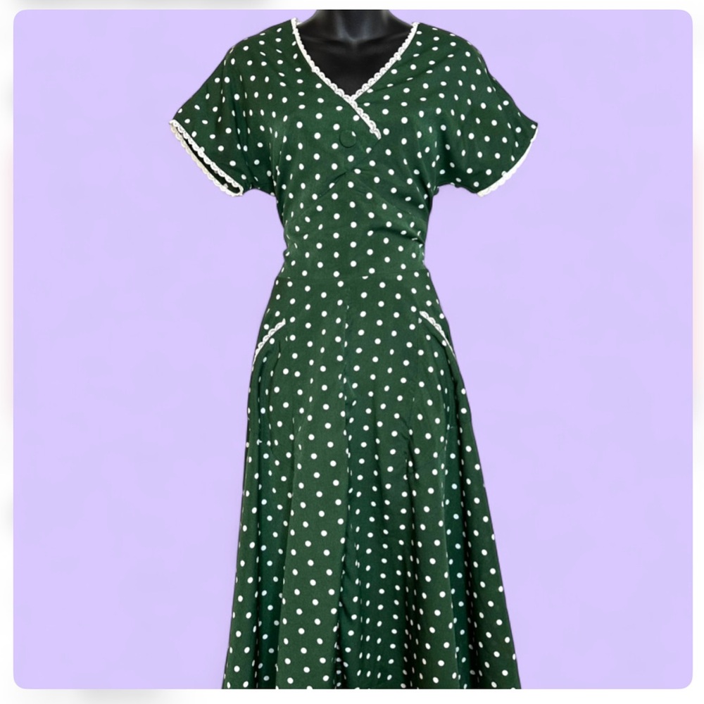 Unique Vintage Women's Polka Dot Bustier Dress M Lace Pockets Retro Pinup 50's